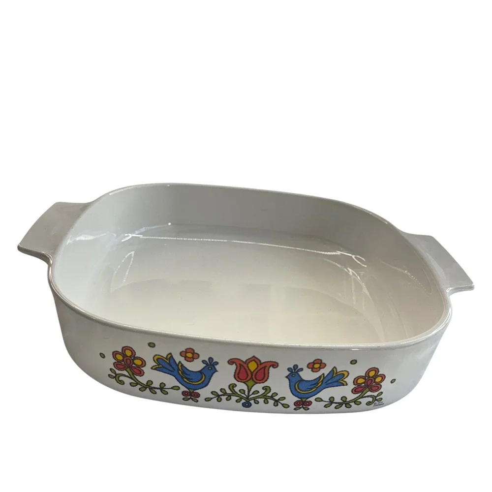 Vintage Ceramic Baking Dish with Folk Art Birds‎ and Flowers